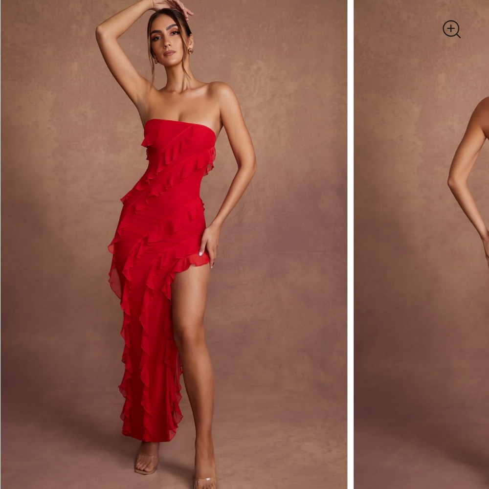 Oh Polly Nevali Bandeau Ruffle Detail Maxi Dress in Red